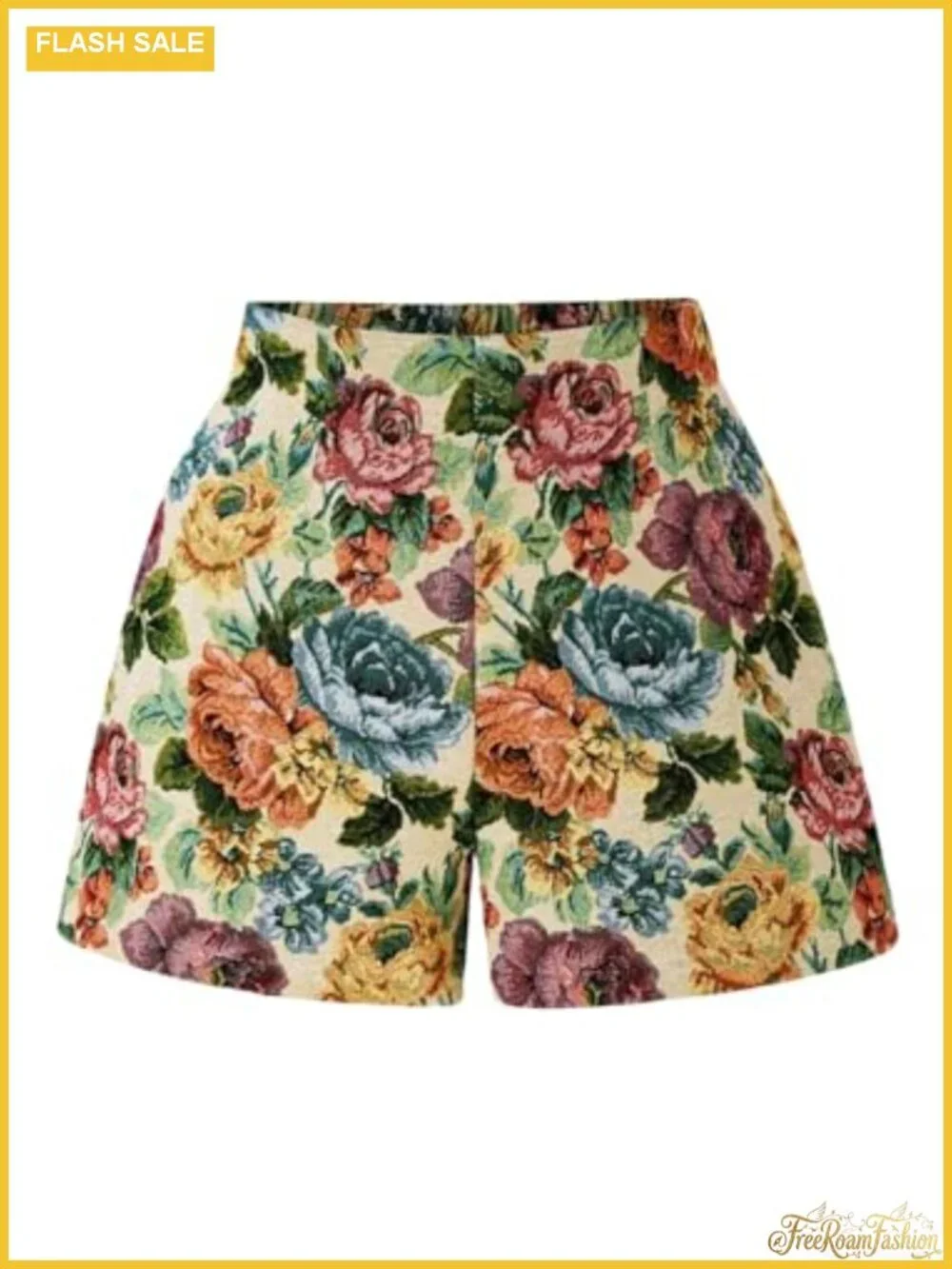 Vintage Floral Jacquard High Waisted Shorts with Elastic Waistband and Side